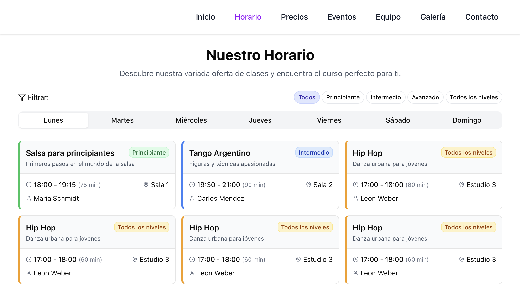 Ejemplo de sitio web de escuela de baile